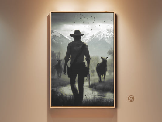 Rustic western landscape canvas print featuring a cowboy and horses. The monochrome artwork adds a cinematic touch to a study room. It is a perfect housewarming gift for cowboy enthusiasts. The snowy mountain landscape art enhances rustic home office decor. This black and white horse art captures a rugged western scene.