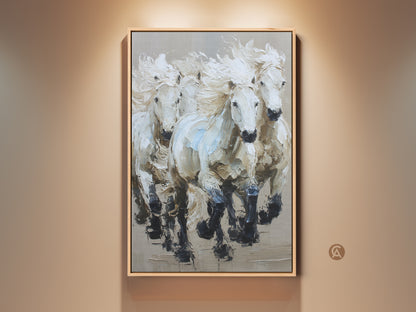 Gallery view of Textured Impressionist Wall Art. This contemporary home decor features galloping white horses. The animal artwork is displayed in a natural wood frame. It provides a sophisticated equestrian touch to any living space.