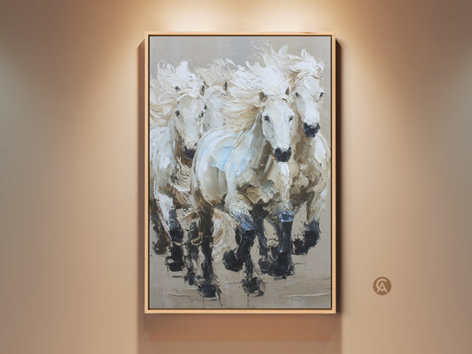 Gallery view of Textured Impressionist Wall Art. This contemporary home decor features galloping white horses. The animal artwork is displayed in a natural wood frame. It provides a sophisticated equestrian touch to any living space.