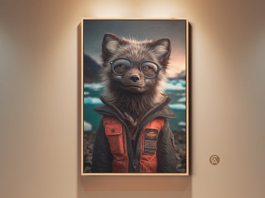 Fox Canvas Art Print featuring an Arctic Fox with Glasses. This Eclectic Animal Lover Gift is perfect Study & Office Wall Decor. The artwork has Orange & Teal Accents. Bring a unique personality to any space with this adventurous charm.