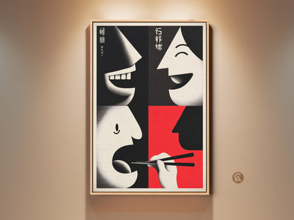 Experience our Faces & Chopsticks Canvas Print. Mid-Century Modern kitchen decor adds a unique flair. The Red and Black art complements minimalist dining rooms. Perfect as a foodie gift idea. Brighten your kitchen wall with abstract eating art.