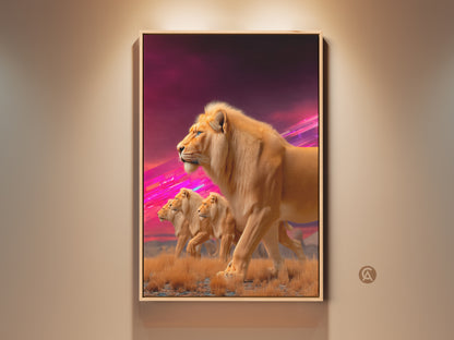 Lion Pride canvas artwork displayed in a room setting. This wildlife animal print features a fantasy savanna landscape.  The golden and pink hues create a unique bedroom wall decor piece. This canvas brings a touch of the wild indoors