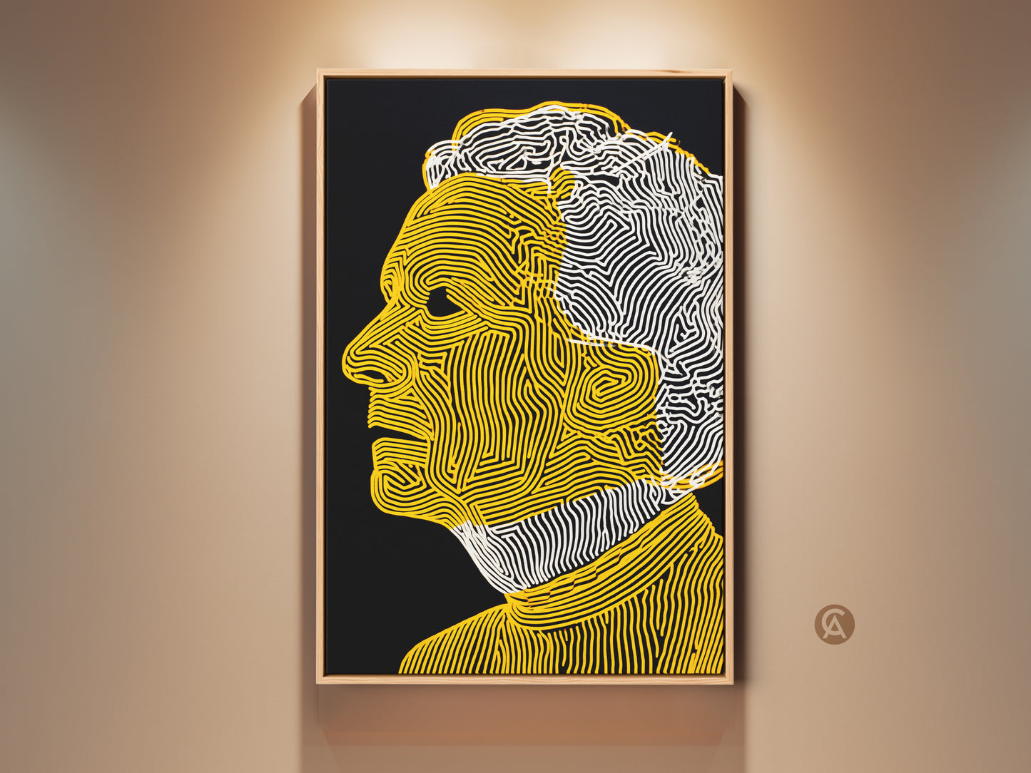 Framed portrait artwork showcasing a man's profile. The piece features a black background with yellow and white line art. The artwork is displayed in a natural wood frame. It adds a modern touch to any space.