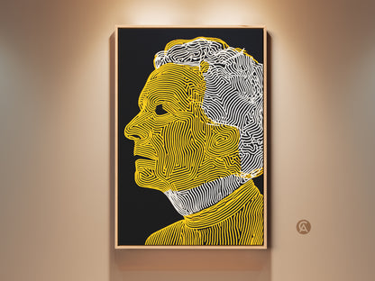Framed portrait artwork showcasing a man's profile. The piece features a black background with yellow and white line art. The artwork is displayed in a natural wood frame. It adds a modern touch to any space.
