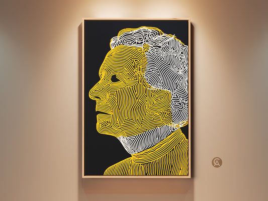 Framed portrait artwork showcasing a man's profile. The piece features a black background with yellow and white line art. The artwork is displayed in a natural wood frame. It adds a modern touch to any space.