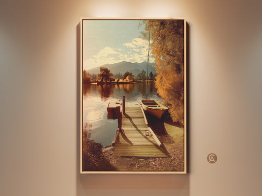 Rustic dock and boat canvas art featuring a vintage lake landscape print. This warm earth tone wall art has teal and golden yellow accents. An impressionist nature scene perfect for bedroom landscape decor. A thoughtful housewarming gift for nature lovers. The artwork brings tranquil rustic charm to any home.