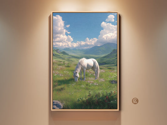 Framed artwork featuring a white horse grazing in a lush green field under a blue sky. This serene landscape art adds a touch of nature to any room. The artwork is encased in a natural wood frame ready to hang and enjoy.