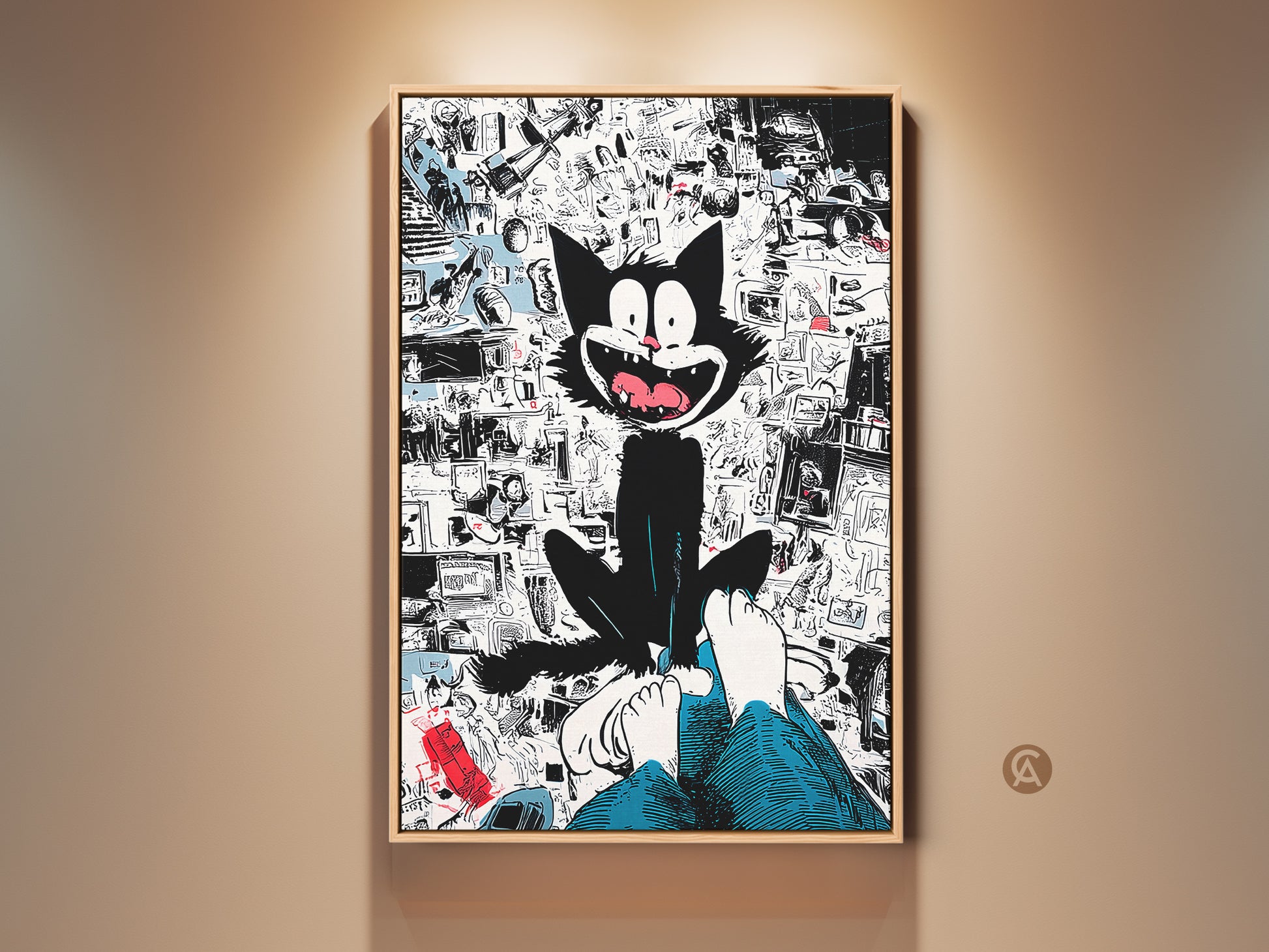 Framed canvas artwork featuring a whimsical black cat. The cat sits above a person's feet. The background showcases a collage of cartoon imagery. This unique art print adds a playful touch to any room. A perfect conversation starter for cat lovers.