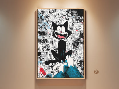 Framed canvas artwork featuring a whimsical black cat. The cat sits above a person's feet. The background showcases a collage of cartoon imagery. This unique art print adds a playful touch to any room. A perfect conversation starter for cat lovers.