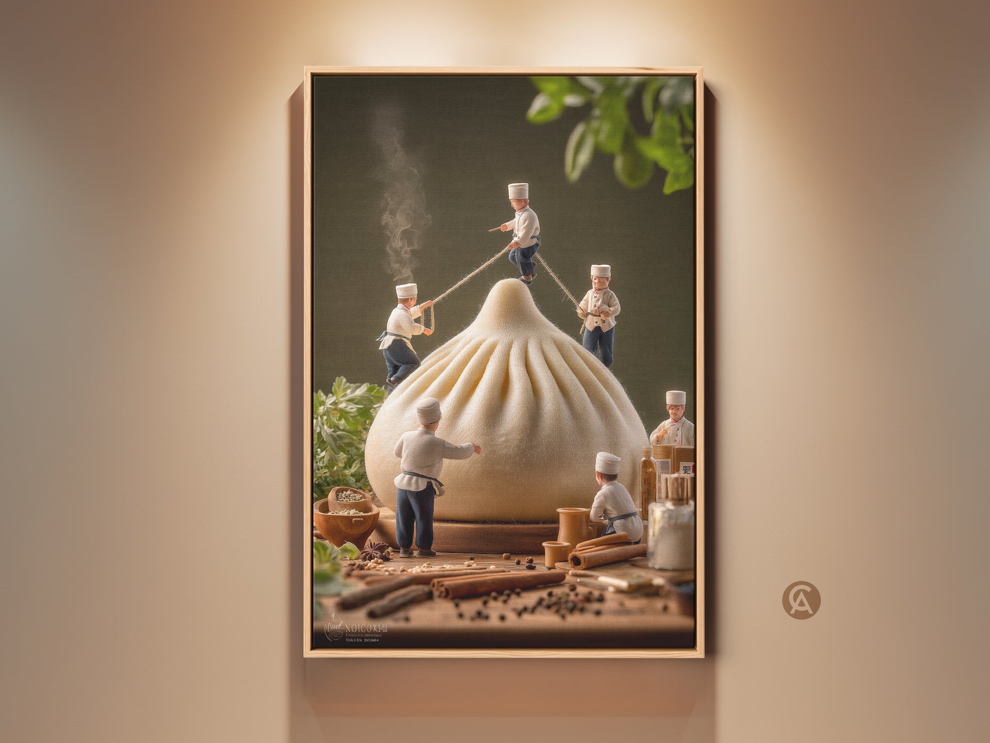 Framed artwork featuring tiny chefs around a dumpling. The chefs are in white uniforms. The art has a whimsical food theme. It is on a wooden surface with spices and herbs. Add a unique art piece to your kitchen or dining area. This food art print is perfect for culinary enthusiasts.
