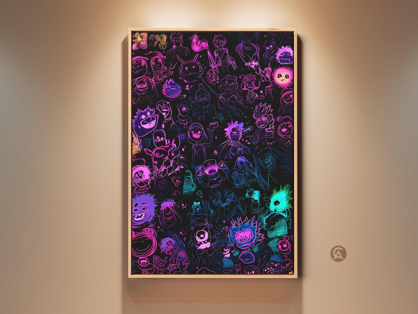 Neon cartoon character art in a wooden frame. This artwork features a vibrant mix of pink purple blue & green hues. Perfect wall decor for cartoon lovers. Add a pop of color to your room with this unique piece. Buy now to bring your walls to life