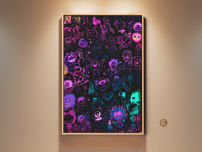 Neon cartoon character art in a wooden frame. This artwork features a vibrant mix of pink purple blue & green hues. Perfect wall decor for cartoon lovers. Add a pop of color to your room with this unique piece. Buy now to bring your walls to life