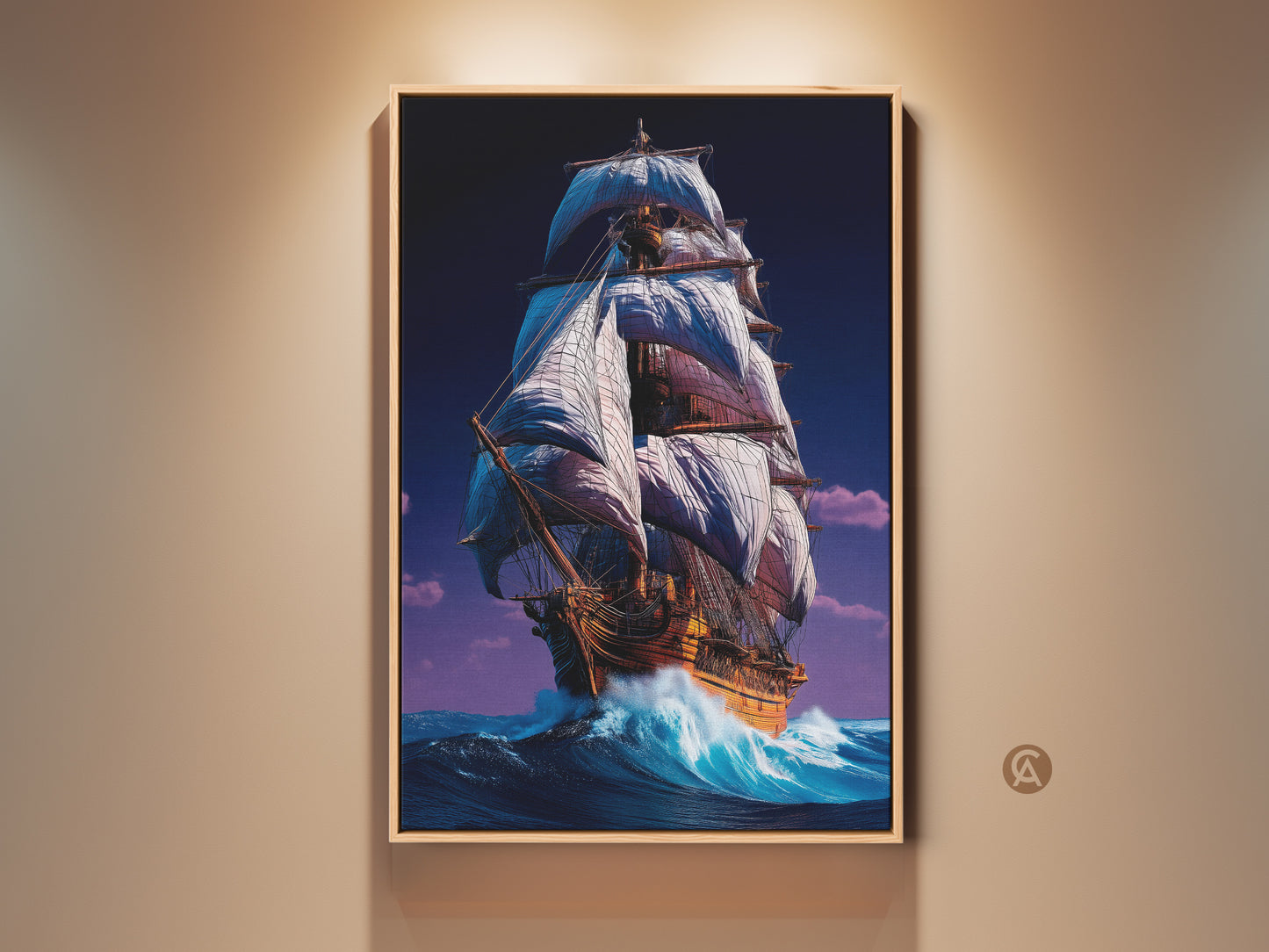 Framed nautical tall ship wall art. This ocean wave canvas print evokes a maritime adventure. The sailing ship decor is ideal for a home or office. The artwork captures the spirit of a classic sea voyage.