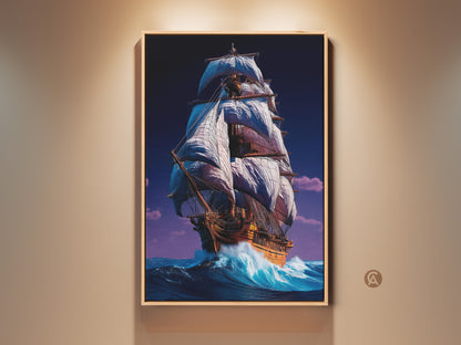 Framed nautical tall ship wall art. This ocean wave canvas print evokes a maritime adventure. The sailing ship decor is ideal for a home or office. The artwork captures the spirit of a classic sea voyage.