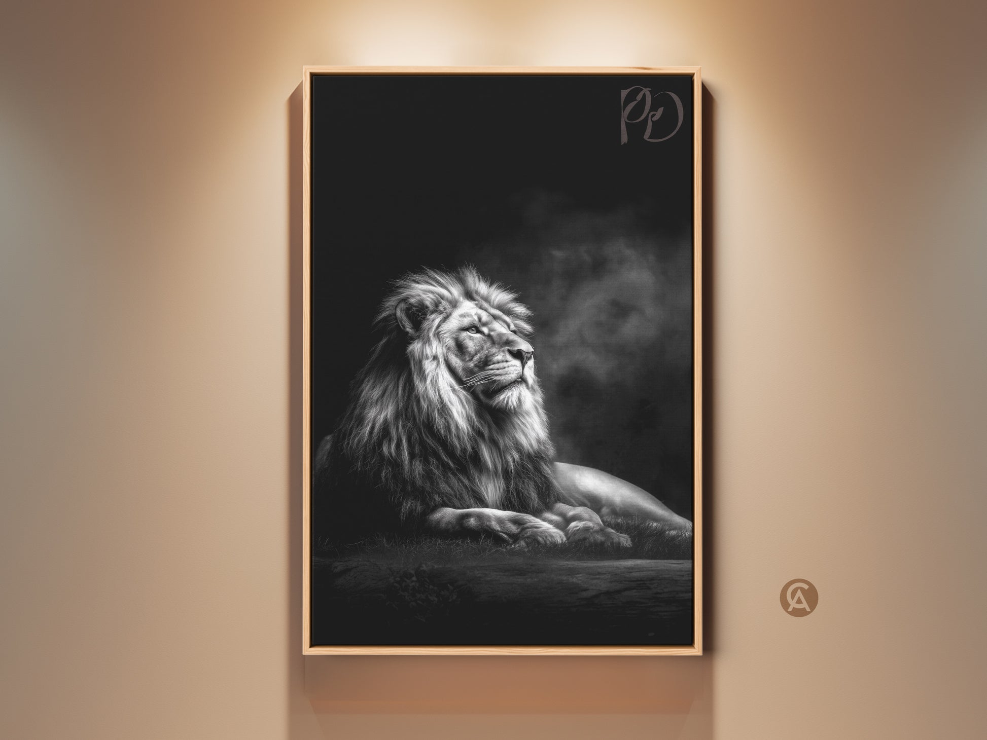 Majestic monochrome lion canvas art graces a neutral wall. This photorealistic wildlife wall art showcases the regal king of the jungle. The black and white animal decor adds modern elegance to any space.