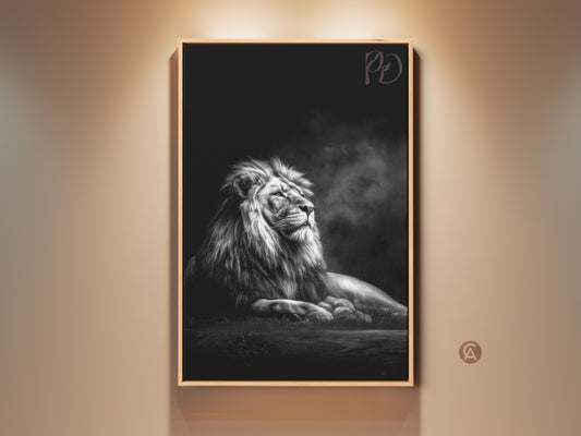 Majestic monochrome lion canvas art graces a neutral wall. This photorealistic wildlife wall art showcases the regal king of the jungle. The black and white animal decor adds modern elegance to any space.