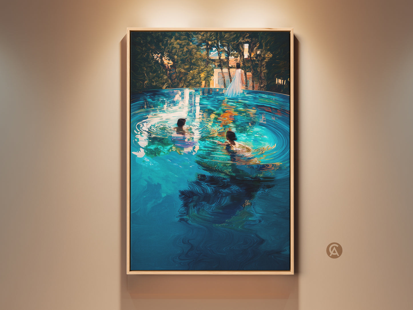 Framed turquoise blue infinity pool art print displayed elegantly. A couple is enjoying a swim. This contemporary wall art enhances bedroom and living room decor. It offers a unique touch and serves as a thoughtful gift.