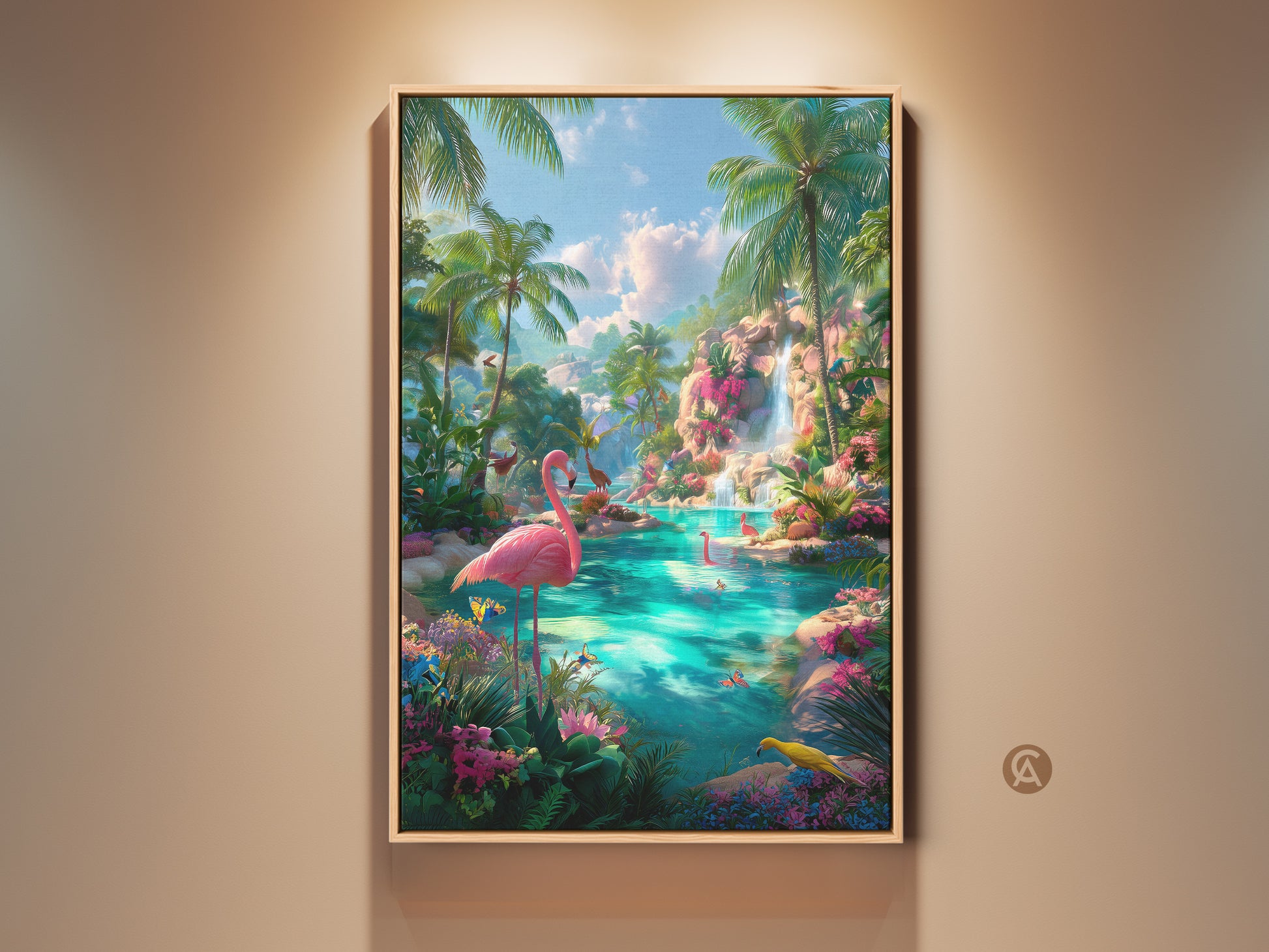 Framed tropical art print. A colorful flamingo lagoon artwork. This wall art showcases pink flamingos in a lush blue lagoon. Waterfall flows into the lagoon. Vibrant tropical foliage surrounds the scene. The artwork is framed and ready to hang. Perfect for adding a touch of paradise to any room.