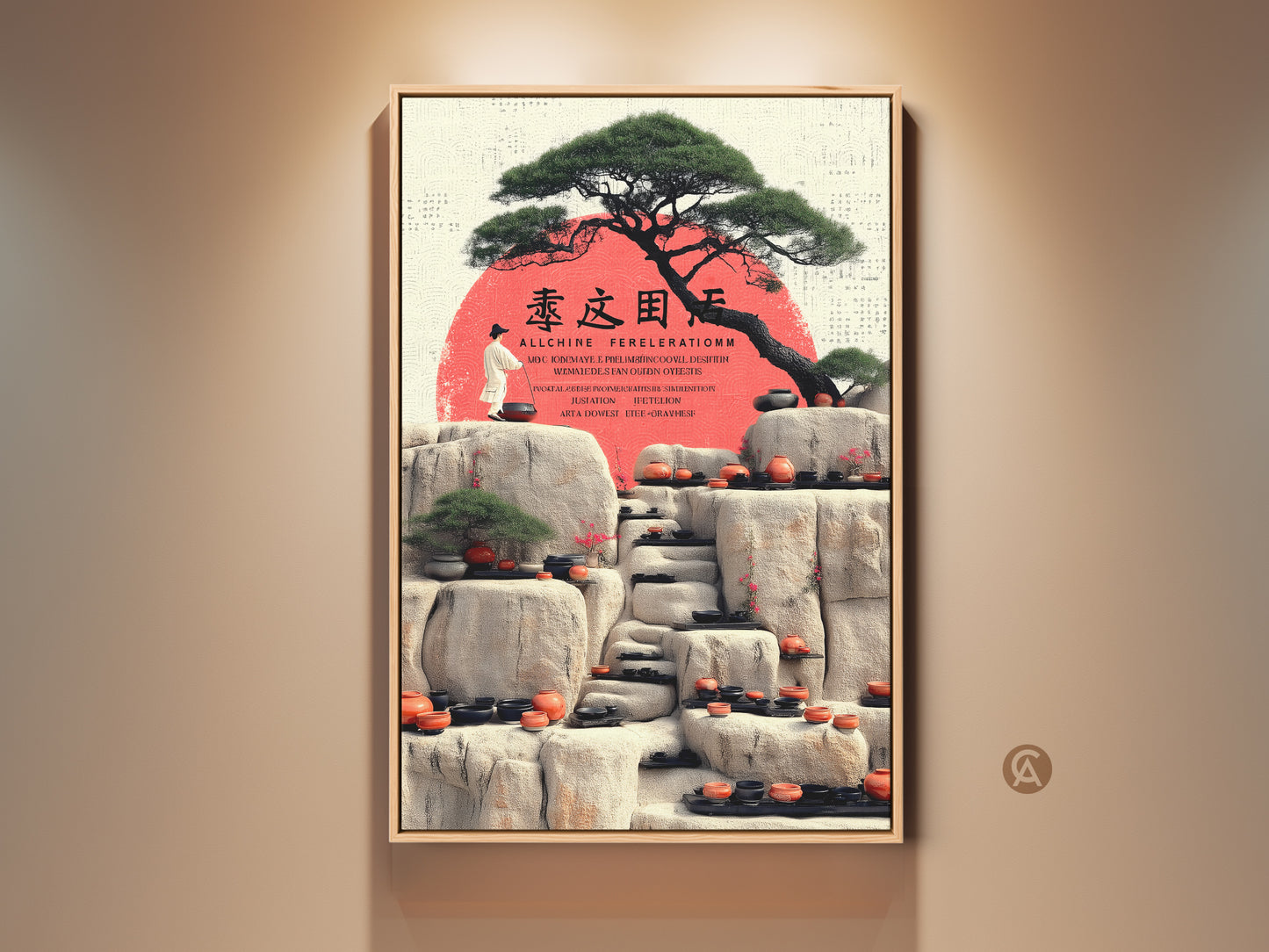 Framed Zen Garden art print. This Japandi minimalist artwork features a bonsai tree and stone lanterns. A red sun adds warmth. Perfect mindfulness gift for any entry hall wall.