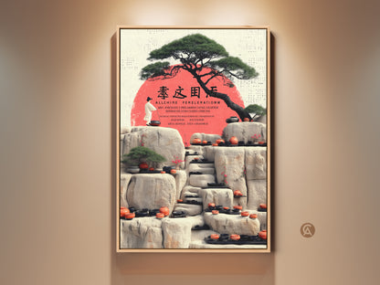 Framed Zen Garden art print. This Japandi minimalist artwork features a bonsai tree and stone lanterns. A red sun adds warmth. Perfect mindfulness gift for any entry hall wall.
