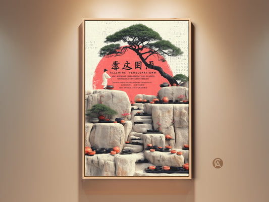 Framed Zen Garden art print. This Japandi minimalist artwork features a bonsai tree and stone lanterns. A red sun adds warmth. Perfect mindfulness gift for any entry hall wall.