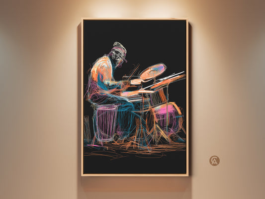 Vibrant drummer canvas art on a beige wall. This abstract expressionist music print features a drummer in action. The art is a colorful blend of orange pink and blue offering a contemporary feel. It's perfect music themed wall decor for musicians and music lovers.