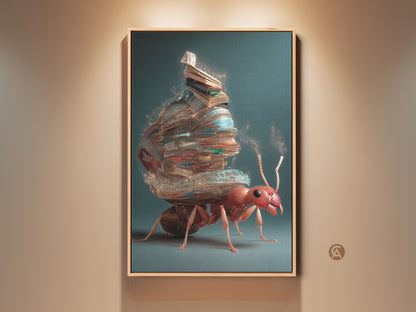 Close-up of the fantasy ant artwork canvas print. The surreal scene features an ant carrying books. Its eclectic artwork style with a red and teal color scheme is framed and ready to hang adding a unique bookish touch to any room.