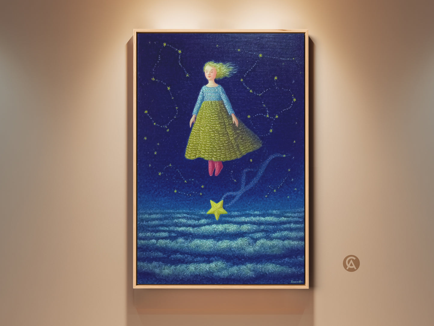 A dreamy fantasy celestial art print shows a girl floating in a starry night sky. This boho kids room wall art features a surreal scene with dark blue and yellow star accents. The flying girl canvas art adds a touch of magic to any nursery. It is a whimsical and imaginative piece.