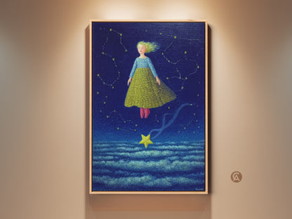 A dreamy fantasy celestial art print shows a girl floating in a starry night sky. This boho kids room wall art features a surreal scene with dark blue and yellow star accents. The flying girl canvas art adds a touch of magic to any nursery. It is a whimsical and imaginative piece.