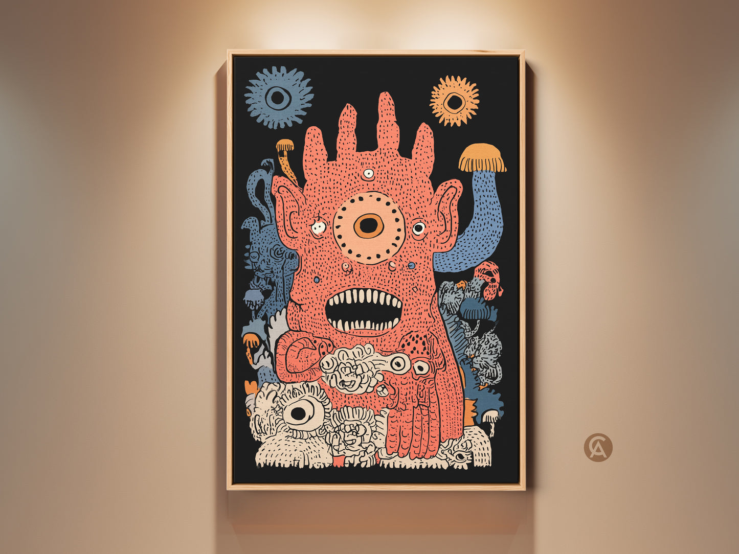 Framed coral orange and blue surreal monster art print. This whimsical creature artwork adds a quirky touch to any room. It's perfect eclectic home decor art. The gallery wall art will be a conversation starter. It will be an ideal gift for art lovers.
