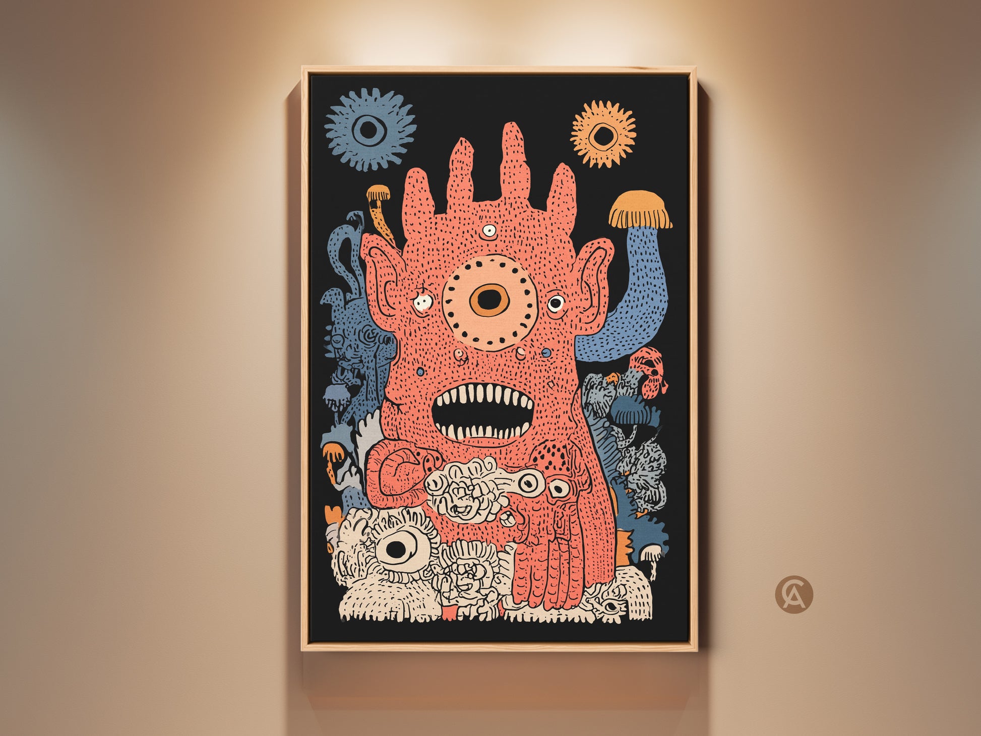 Framed coral orange and blue surreal monster art print. This whimsical creature artwork adds a quirky touch to any room. It's perfect eclectic home decor art. The gallery wall art will be a conversation starter. It will be an ideal gift for art lovers.