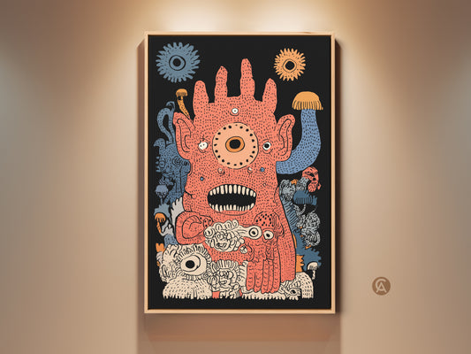 Framed coral orange and blue surreal monster art print. This whimsical creature artwork adds a quirky touch to any room. It's perfect eclectic home decor art. The gallery wall art will be a conversation starter. It will be an ideal gift for art lovers.