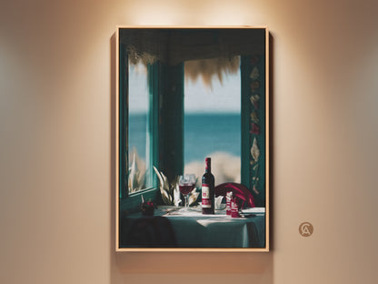 Contemporary coastal canvas art featuring a wine bottle and glass. This artwork is perfect for a dining room or home bar. The print captures a seaside setting. It's a thoughtful housewarming gift for wine enthusiasts. The deep blues and rich reds create an elegant atmosphere.