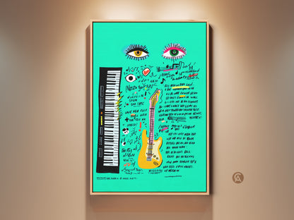 Vibrant teal guitar Pop Art music print on canvas. Features a yellow guitar and abstract eye motifs. Eclectic wall artwork adds a creative touch to any music lover's space. Perfect musician birthday gift.