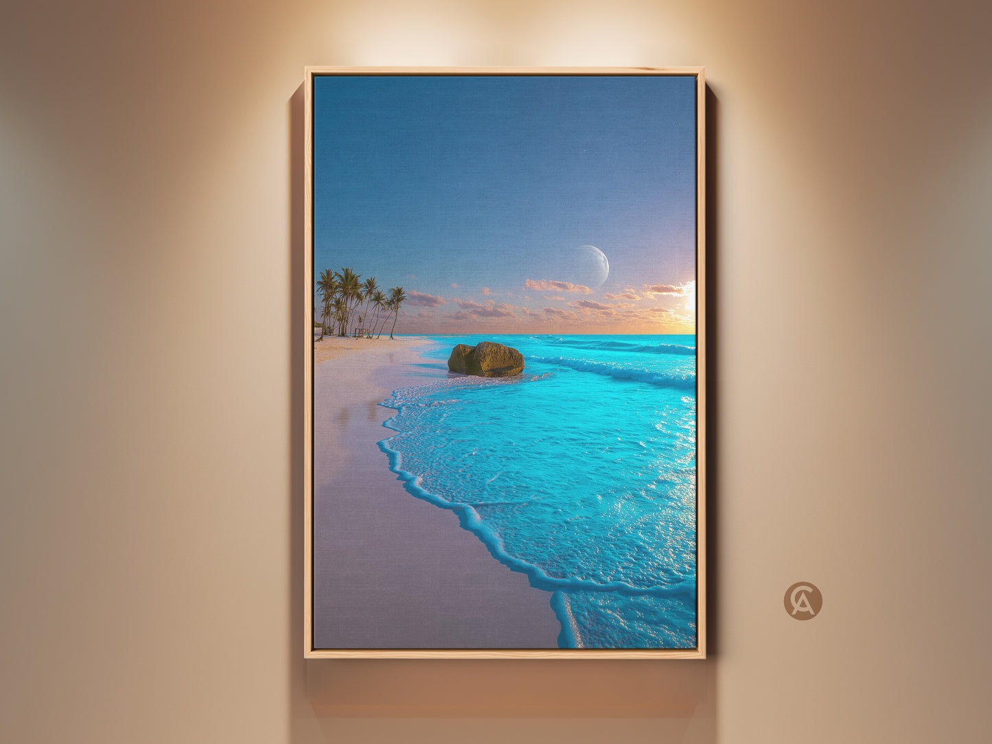 Framed Coastal Canvas Print. This Beach Landscape Wall art features palm trees and a moon. The Aqua Blue Teal Ocean Decor is a perfect gift for beach lovers. The artwork is ready to hang.