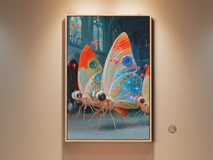 Cyberpunk Butterfly Canvas Print adds imaginative decor to any room. This surreal insect art features electric blue orange teal hues. This eclectic wall decor is a perfect gift for tech lovers. The art blends natural forms with futuristic technology creating a distinctive modern aesthetic.