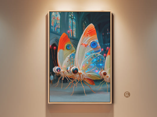 Cyberpunk Butterfly Canvas Print adds imaginative decor to any room. This surreal insect art features electric blue orange teal hues. This eclectic wall decor is a perfect gift for tech lovers. The art blends natural forms with futuristic technology creating a distinctive modern aesthetic.