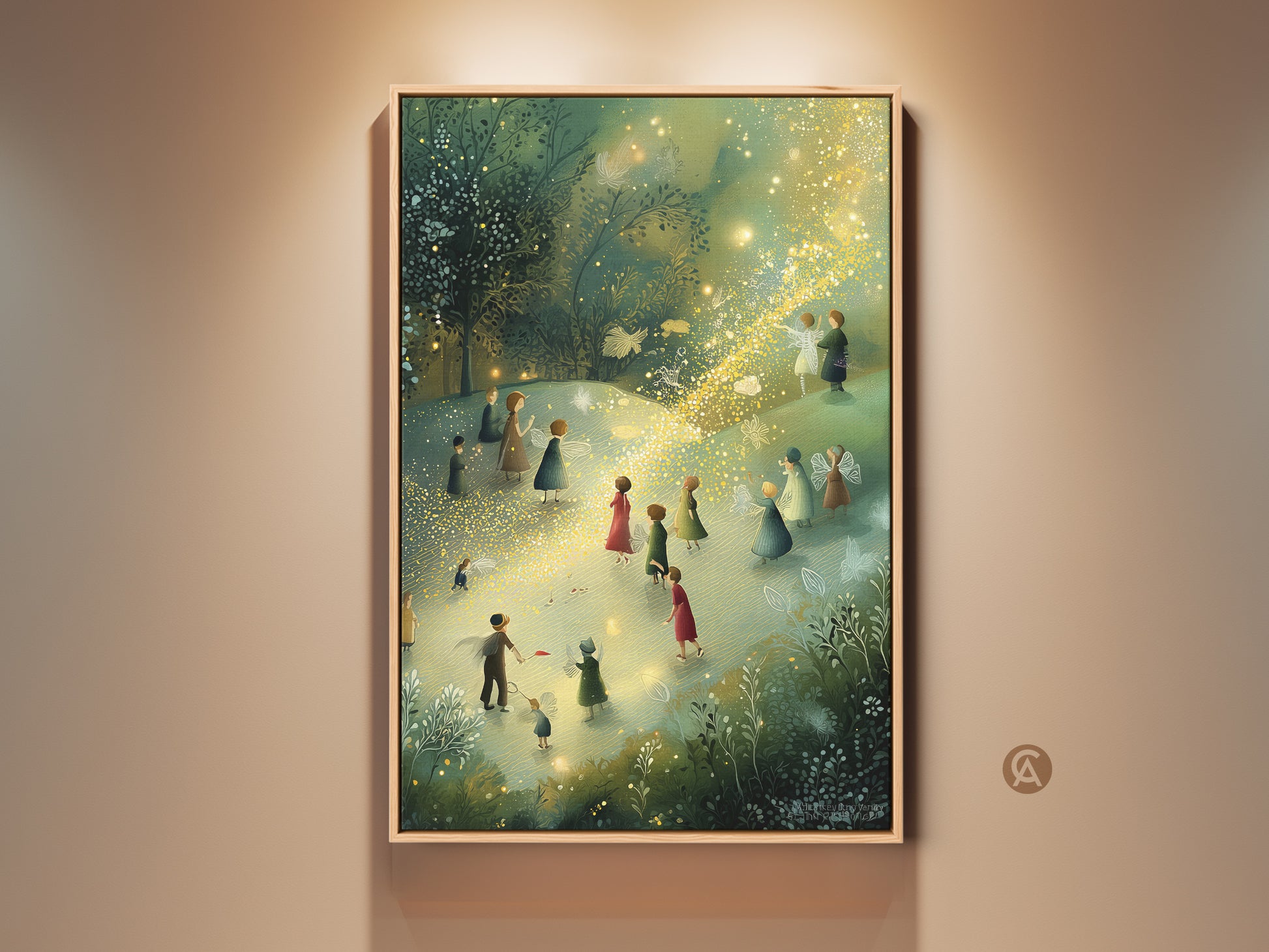 Boho Fairy Art Print in a frame. This magical artwork features fairies and glowing lights. It's perfect teal green and gold kids room wall art. A fantasy gift for children to spark imagination and wonder.