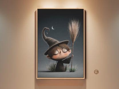 Charming cartoon witch art print for Halloween kids room decor. This spooky nursery wall art has dark academia aesthetic. A fantasy gift idea featuring a cute witch with a broomstick under a crescent moon. Perfect for adding a whimsical touch to any child's room or playroom. Shop now for unique kids art.