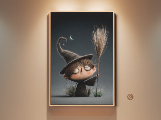Charming cartoon witch art print for Halloween kids room decor. This spooky nursery wall art has dark academia aesthetic. A fantasy gift idea featuring a cute witch with a broomstick under a crescent moon. Perfect for adding a whimsical touch to any child's room or playroom. Shop now for unique kids art.