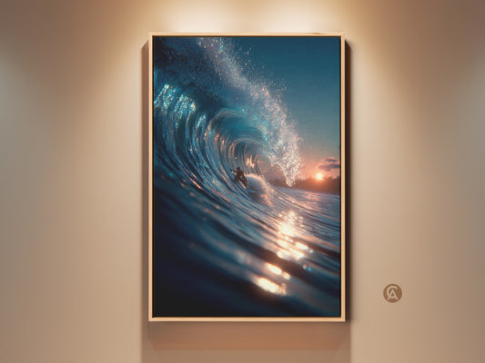 Framed wave art adds coastal beauty to any room. This stunning artwork captures the energy of the ocean. A surfer rides a sparkling blue wave. The sunset adds warmth to this framed art piece.