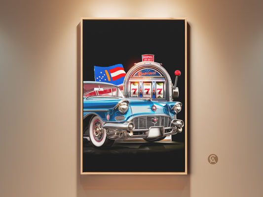 Framed vintage slot machine artwork. A classic blue car adds retro charm. This canvas print combines Americana and gambling themes. Perfect for game rooms or man caves. A unique decor gift for car enthusiasts and art collectors.