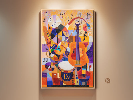 Vibrant music abstract canvas art featuring a violin cello and geometric notes. The eclectic piece uses yellow orange and purple. Add a rhythm to any studio or home. Perfect wall decor for music lovers. Enhance your living room office or creative space with this print.