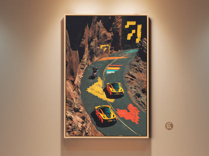 Experience automotive adventure with this pixel art canvas print. It features sports cars and a motorcycle cruising through a bold orange and yellow landscape. This contemporary artwork captures the thrill of the open road. Perfect for adding a vibrant touch to your office wall decor or as a unique gift for F1 fans