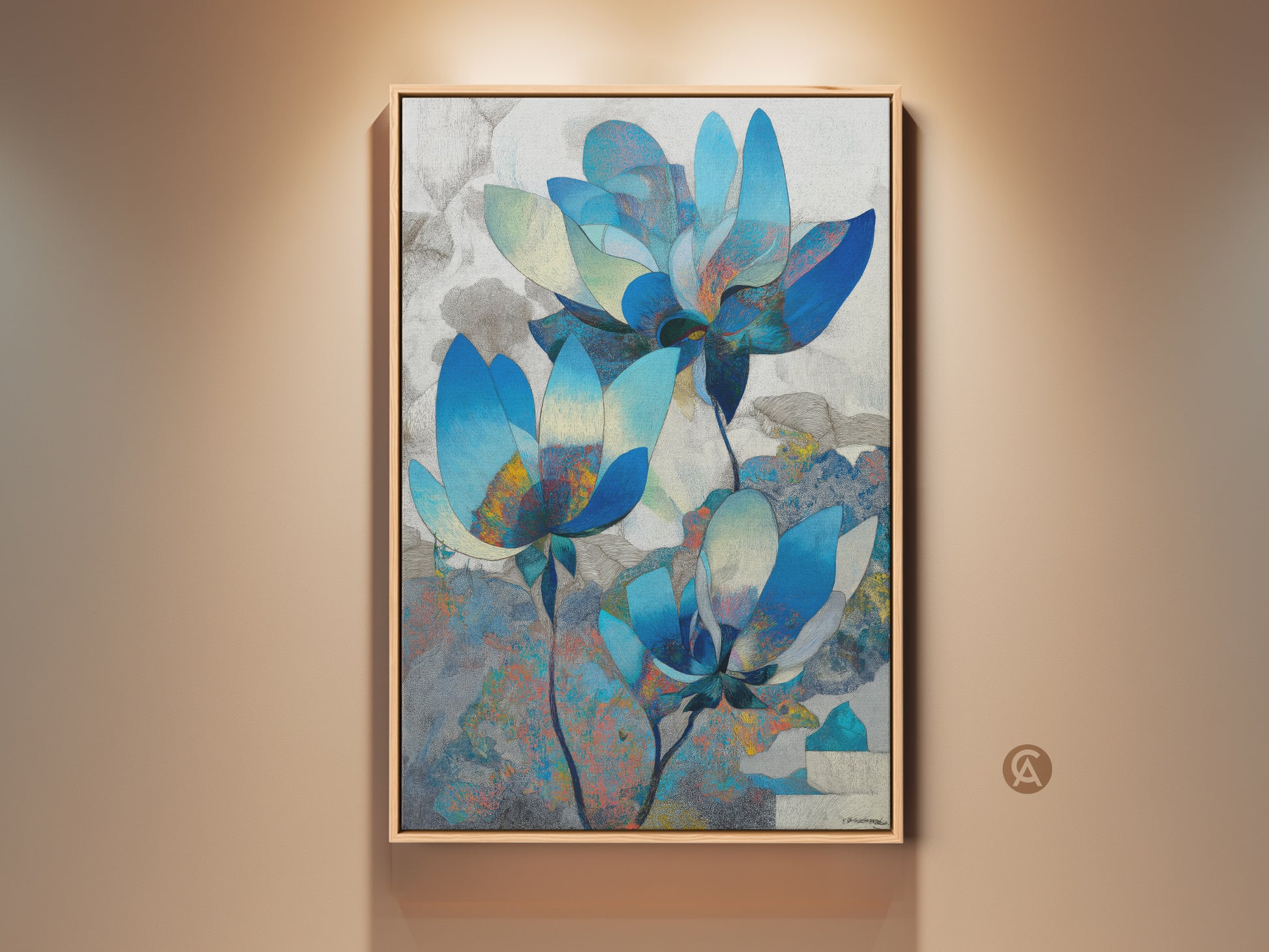 Framed abstract blue floral canvas art in a contemporary setting. Teal and grey tones create a modern botanical artwork. Perfect as chic wall art for living room or bedroom spaces.