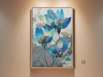 Framed abstract blue floral canvas art in a contemporary setting. Teal and grey tones create a modern botanical artwork. Perfect as chic wall art for living room or bedroom spaces.