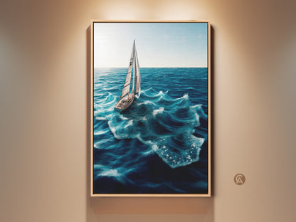 Sailboat on Deep Blue Ocean Waves artwork. This Coastal nautical wall decor brings the sea's allure to your home. Perfect art print for bedroom or living room decor. It complements nautical interior styles. Ideal housewarming gift for sailors and boat lovers. Embrace adventure and ocean beauty.
