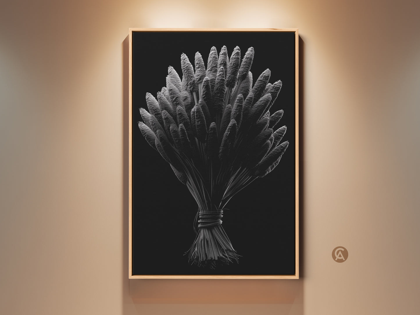 Framed botanical artwork on a beige wall. The silver wheat illustration adds modern sophistication. Buy framed art online. Elevate your living space with sophisticated floral prints. Ready to hang. Shop now.