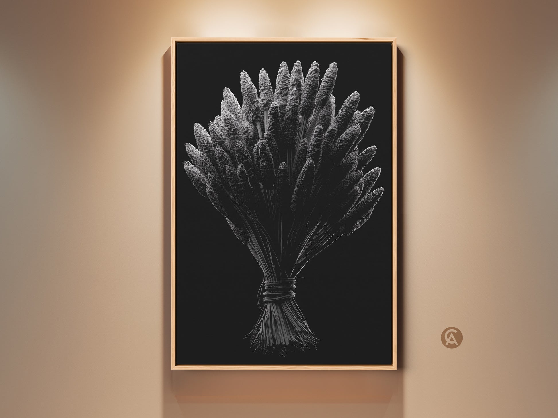 Framed botanical artwork on a beige wall. The silver wheat illustration adds modern sophistication. Buy framed art online. Elevate your living space with sophisticated floral prints. Ready to hang. Shop now.