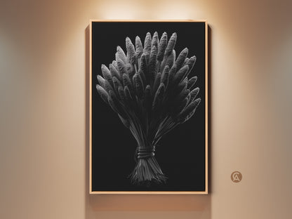 Framed botanical artwork on a beige wall. The silver wheat illustration adds modern sophistication. Buy framed art online. Elevate your living space with sophisticated floral prints. Ready to hang. Shop now.